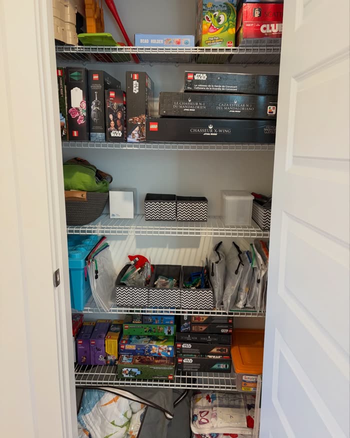 Playroom closet after organizing